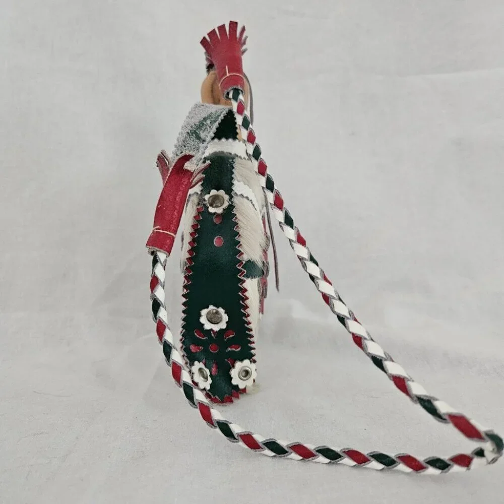Vintage Hungarian Leather & Cowhide Decorative Canteen Flask – Red Green White